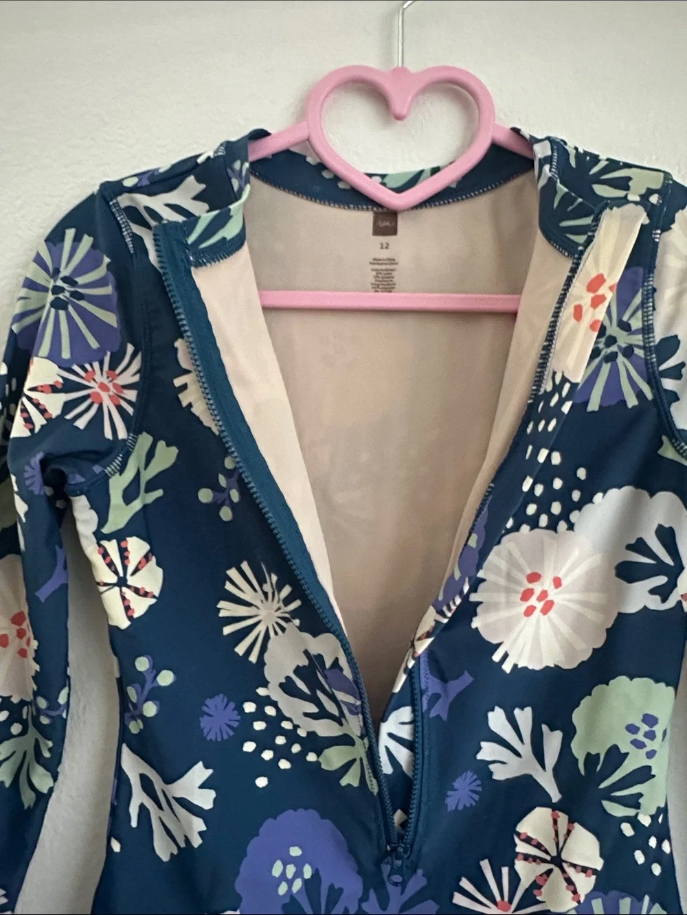 tea collection girls Long-Sleeve Floral One-Piece Zipper Swimsuit - Navy SZ 12
